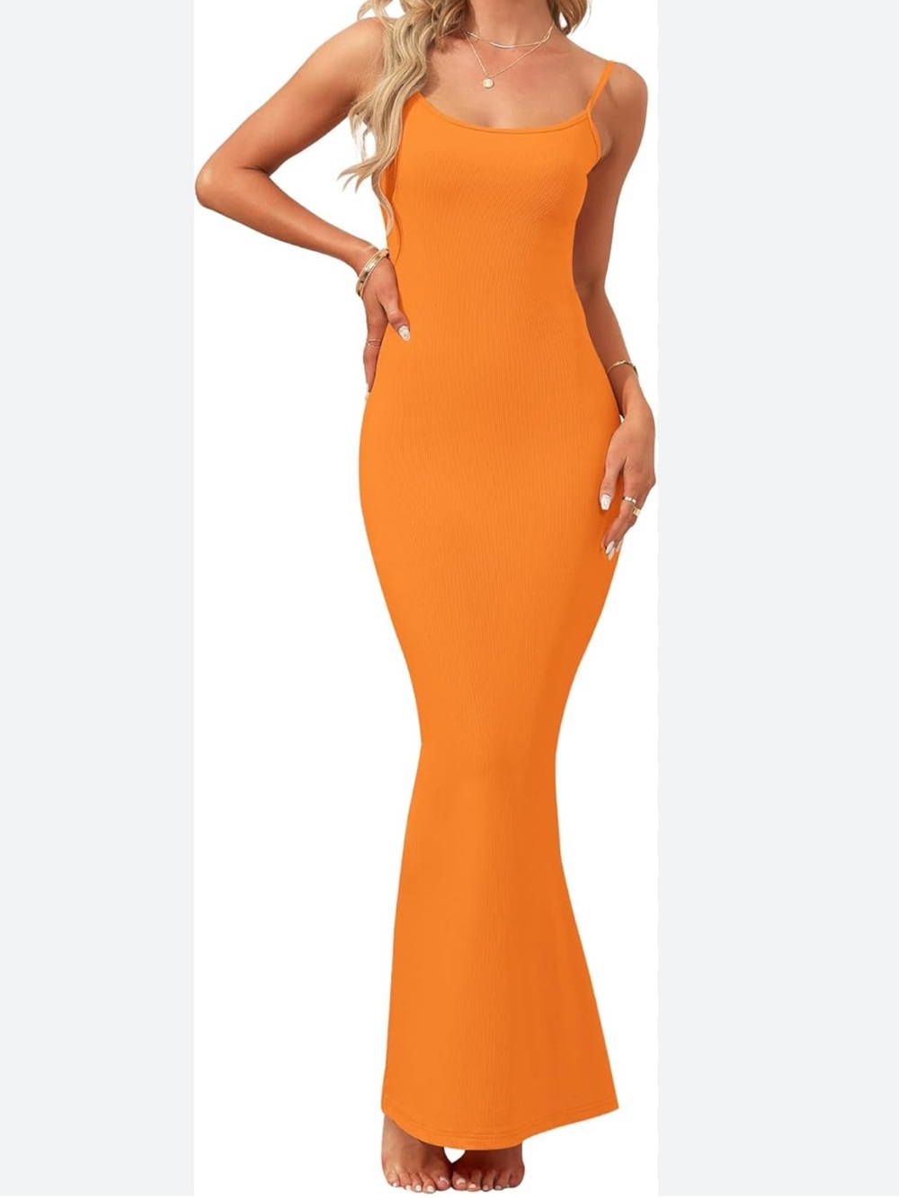 Women's Orange Ribbed Maxi Slip Dress with Spaghetti Straps